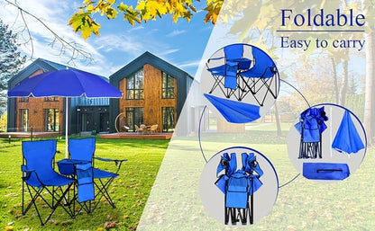 Folding Picnic Chair Set for 2, Umbrella, Cooler Bag & Table, 600 Lbs Capacity, Portable, for Camping, Travel and Outdoor Use