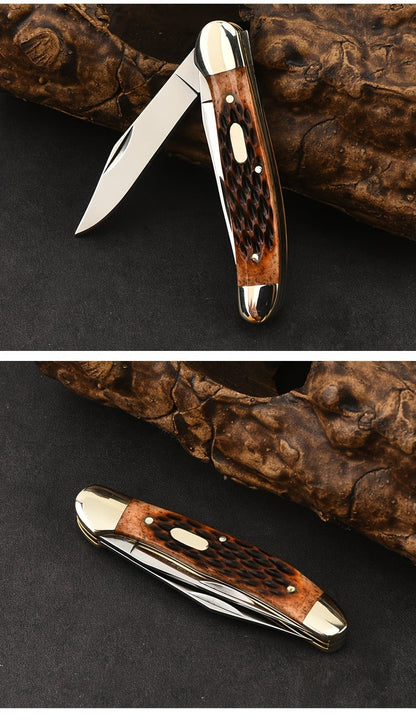 Folding Pocket Knife Handcrafted Multi-Tool with White Copper Finish, Wood Grain & Cow Bone Handle – Portable EDC Blade for Camping