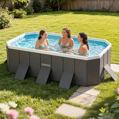 Large Rectangular Frame Pool, Non-Inflatable Backyard Swimming Pool with Drain for Garden, Patio and Yard Use