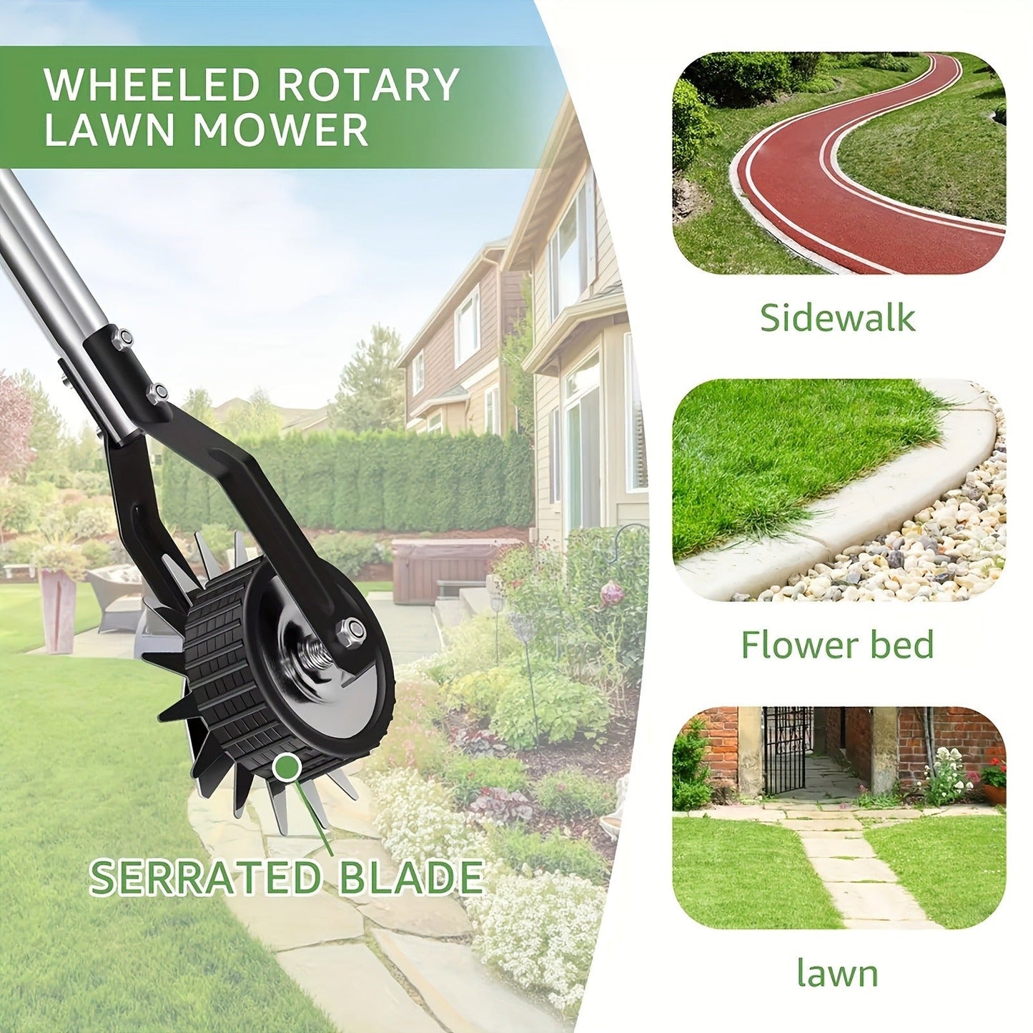 Wheeled Lawn Edger Manual Rotary Trimmer with 3/4-Section Stainless Steel Handle – Walk-Behind Grass Edger for Sidewalk