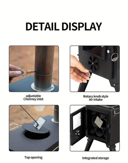 Portable Wood Stove with Chimney Pipe Set, Folding Legs, Side Shelves and Silver or Black Finish Options