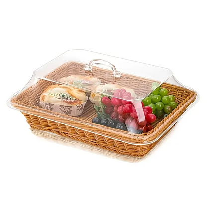 Wicker Bread Basket with Clear Acrylic Lid Rattan Storage Basket Washable Food Tray for Bread Fruit Desserts Kitchen Picnic Home Display