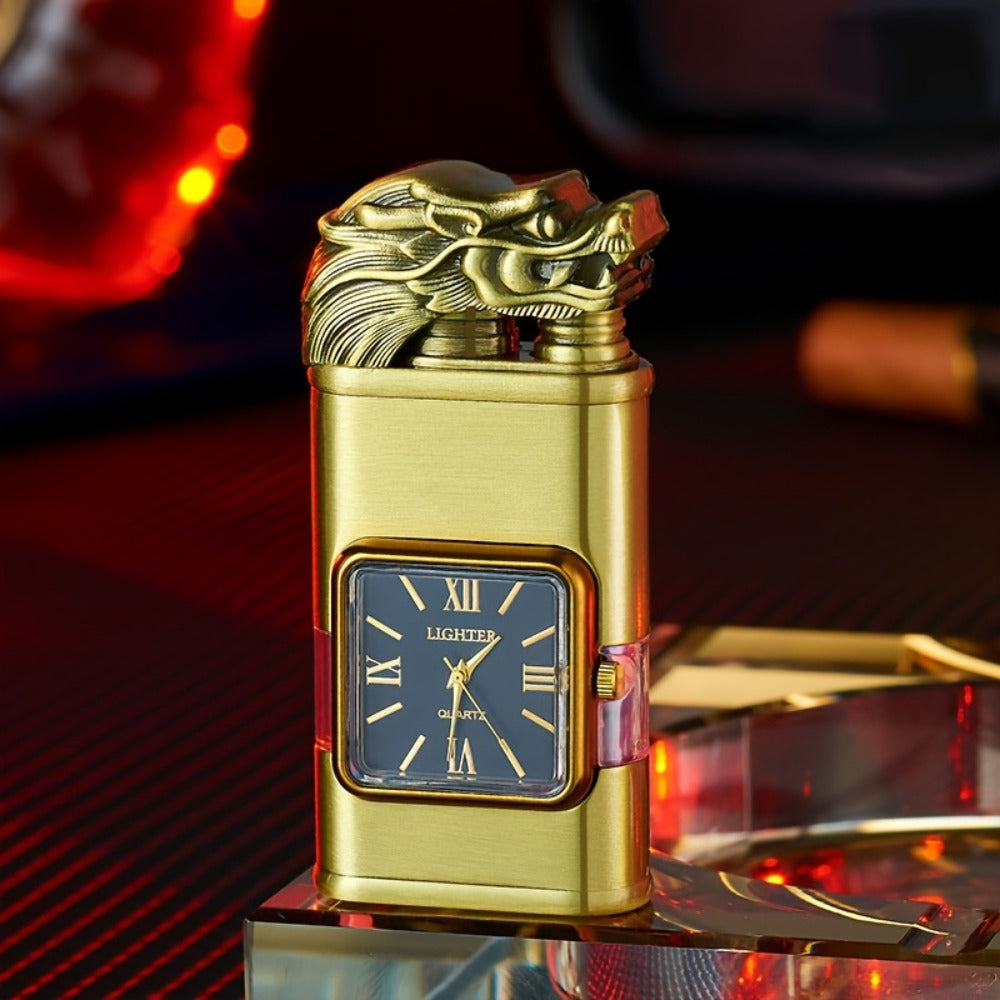 Double Flame Retro Metal Lighter Windproof Refillable Butane Outdoor Portable Quartz Ignition Dragon Eagle Gun Type Ice Golden Bronze