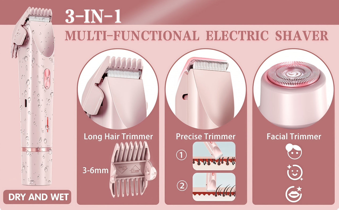 Electric Hair Trimmer for Women Dual Head IPX7 Waterproof USB Rechargeable Painless Bikini Trimmer Face Body Shaver Arms Legs Underarm