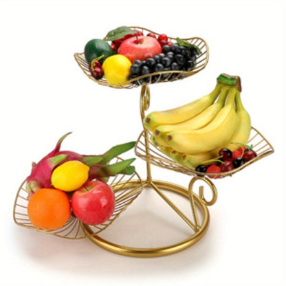 Fruit Basket Stand 3-Tier Decorative Iron Metal Wire Fruit Bowl with Lotus Leaf Design, Countertop Holder for Fruits Vegetables Bread