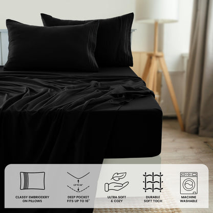 Fitted Sheet Set 6-Piece Brushed Polyester Deep Pocket Bed Sheets 20 Colors Hotel Luxury Bedding with Embroidered Pillowcases