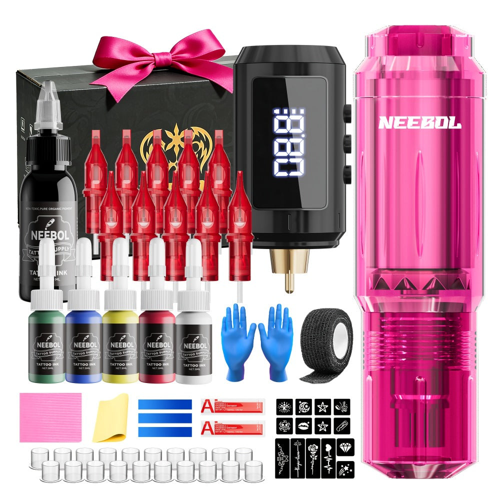 Tattoo Machine Kit Neebol A-07, A-07 Pro or B-08 Cordless Pen with 1600mAh Battery, 20 Cartridges and 8 Inks