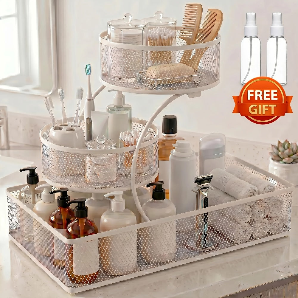 Three-Tier Metal Mesh Countertop Organizer with Black or White Finish and Optional Hooks or Spray Bottles