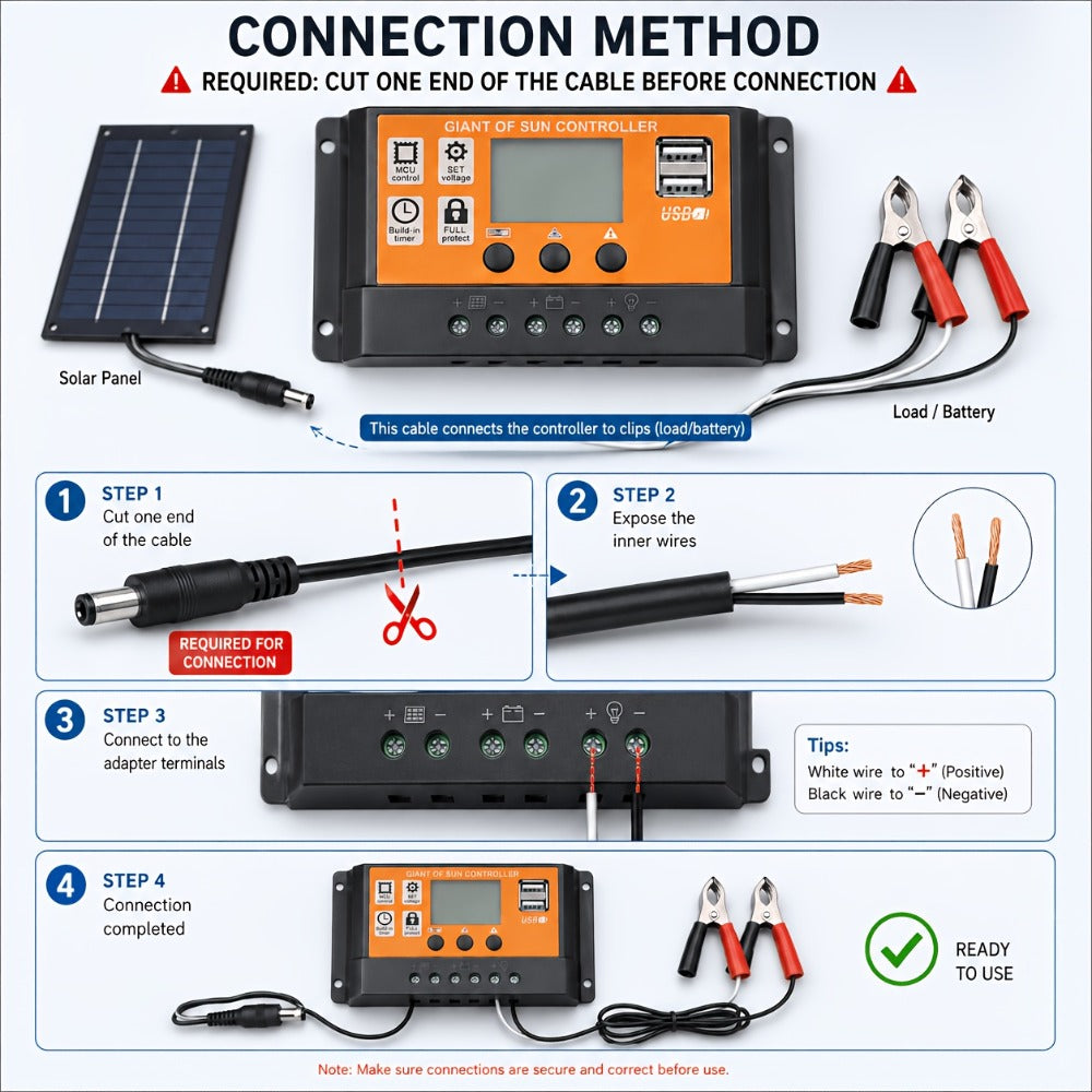 Solar Panel Kit with Charge Controller, Extension Cord & Battery Clamps – Universal Off-Grid Power for RV, Boat, Motorcycle