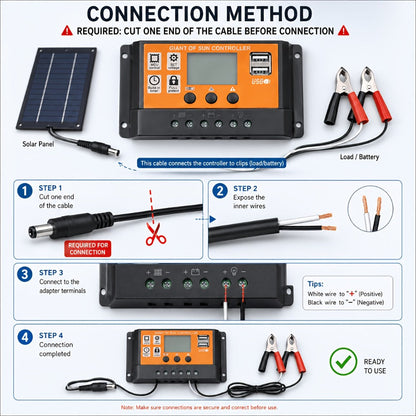 Solar Panel Kit with Charge Controller, Extension Cord & Battery Clamps – Universal Off-Grid Power for RV, Boat, Motorcycle