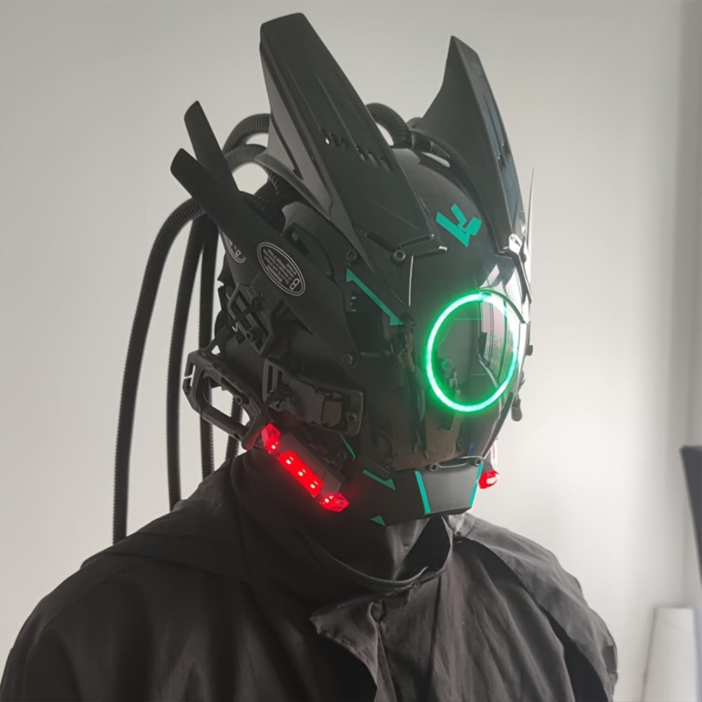 LED Cyberpunk Samurai Mask with Braids, Futuristic Sci-Fi Mechanical Face Mask for Halloween, Cosplay