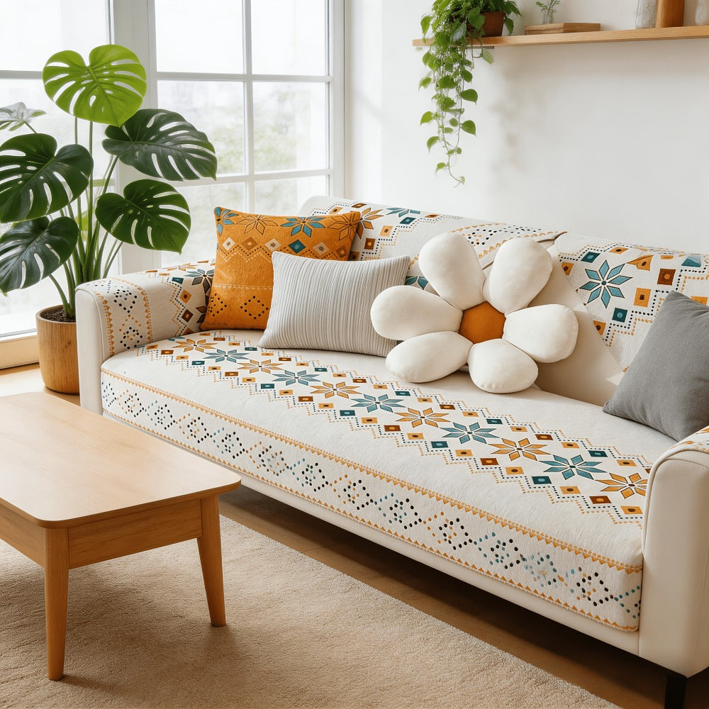 Sofa Cover, One-Piece Chenille Bohemian Pattern Couch Pad in White or Green for Two to Four Seats