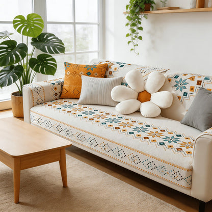 Sofa Cover, One-Piece Chenille Bohemian Pattern Couch Pad in White or Green for Two to Four Seats