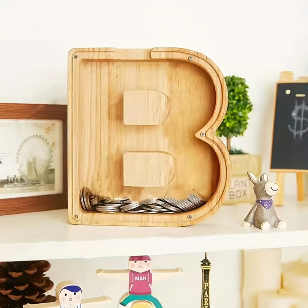 Personalized Wooden Piggy Bank for Kids – A-Z Alphabet Letter Initial Coin & Bill Savings Bank for Boys & Girls