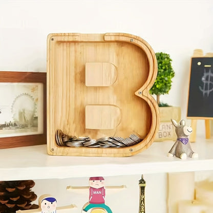 Personalized Wooden Piggy Bank for Kids – A-Z Alphabet Letter Initial Coin & Bill Savings Bank for Boys & Girls