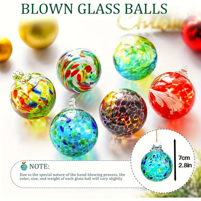 Hand Blown Glass Christmas Ornaments Set of 6 - Multicolor Hanging Ball Decorations for Entryways, Bedrooms and Living Spaces