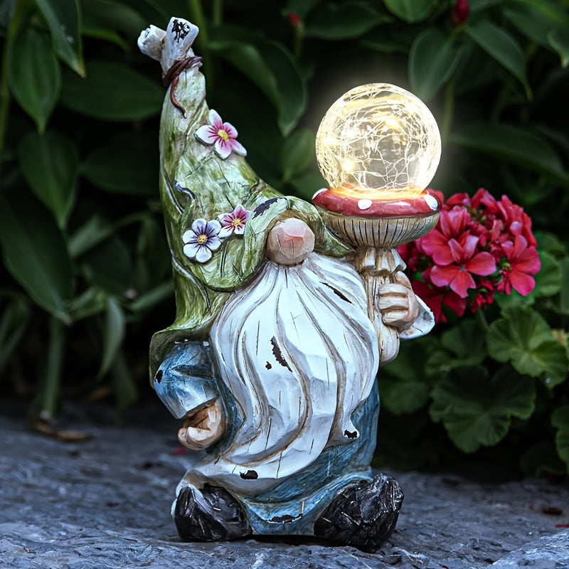 Solar Garden Gnome Statue with LED Magical Ball Light Outdoor Resin Dwarf Sculpture IP44 Waterproof Spring Yard Patio Decor Housewarming