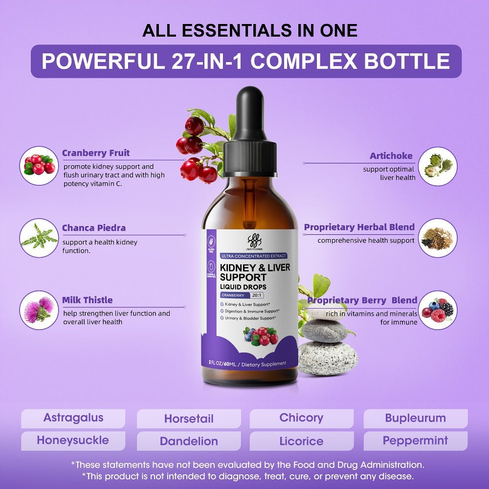 Kidney and Liver Support Drops 27-in-1 Complex - Alcohol-Free Natural Herbal Formula for Liver Health