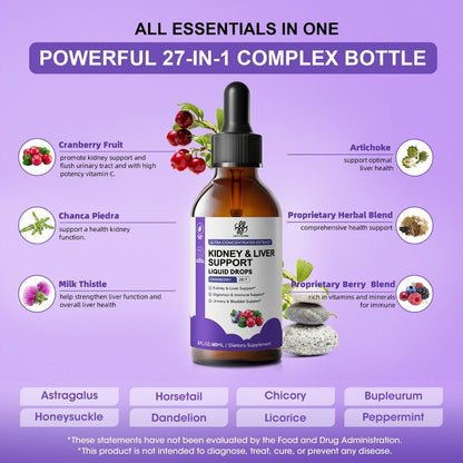 Kidney and Liver Support Drops 27-in-1 Complex - Alcohol-Free Natural Herbal Formula for Liver Health