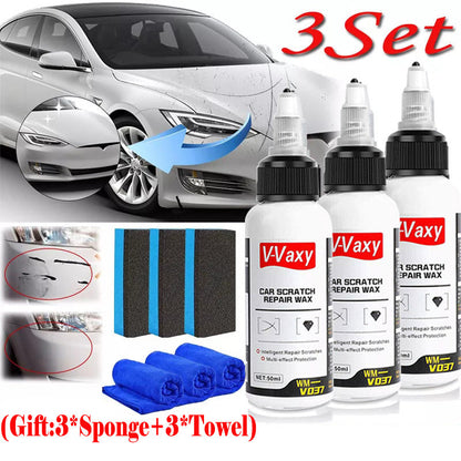 Car Scratch Repair Wax by V-Vaxy, Three 50ml Bottles with Three Sponges and Three Towels for Paint Application