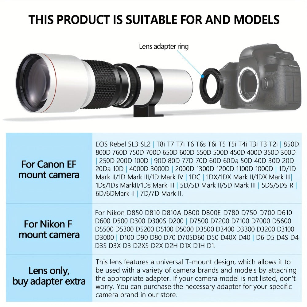 500mm F/8 Manual Focus Telephoto Lens for Canon EF & Nikon F Mount DSLR Cameras – T-Mount Zoom Lens with Adapters
