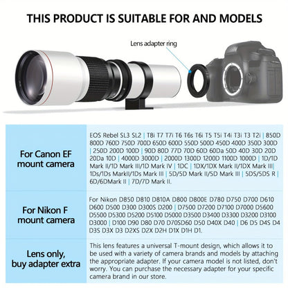 500mm F/8 Manual Focus Telephoto Lens for Canon EF & Nikon F Mount DSLR Cameras – T-Mount Zoom Lens with Adapters
