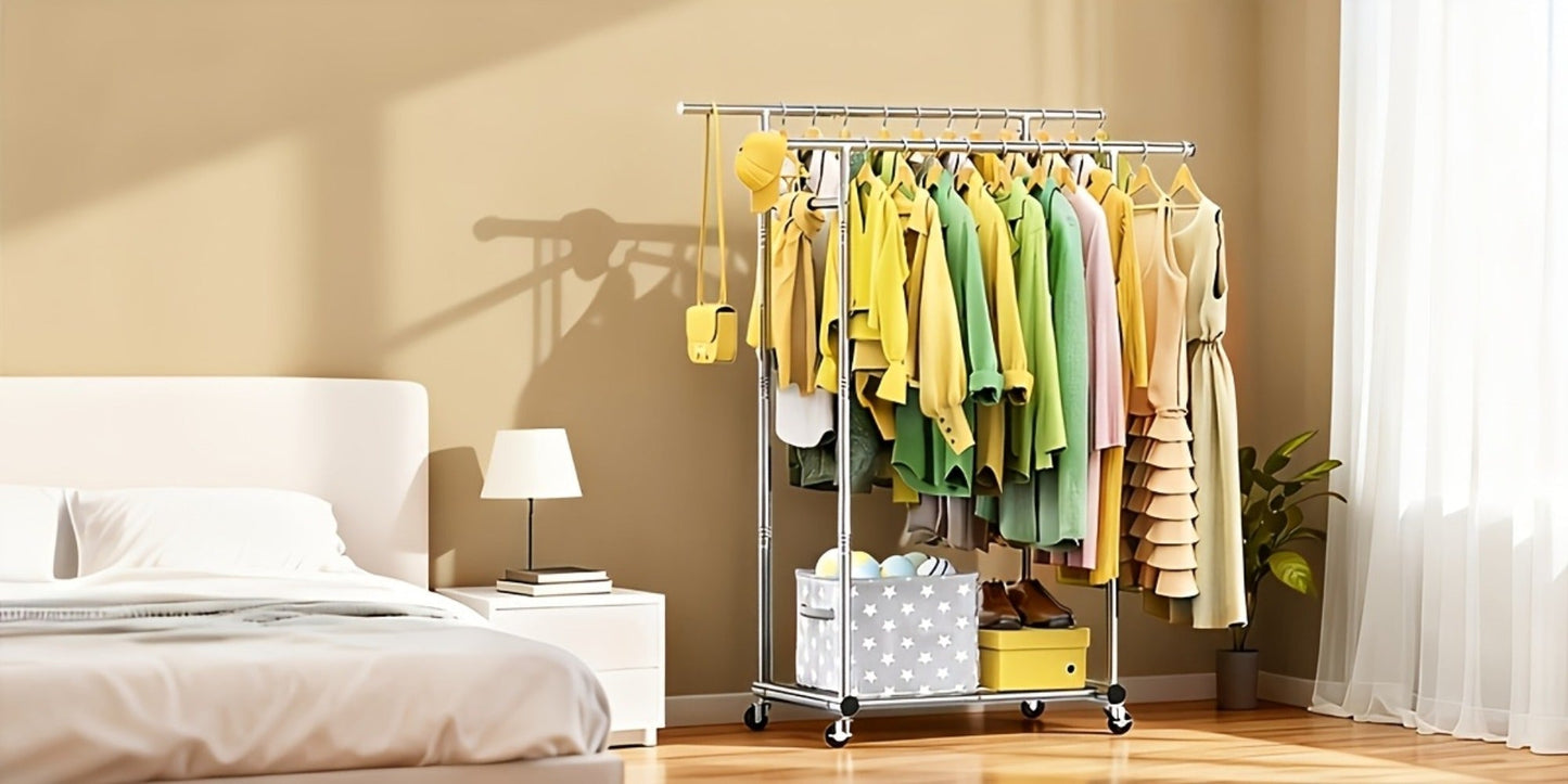 Portable Clothes Rack with Wheels, Double Rod Garment Rack with Shelves & Hooks, Metal Rolling Clothing Rack for Hanging Clothes