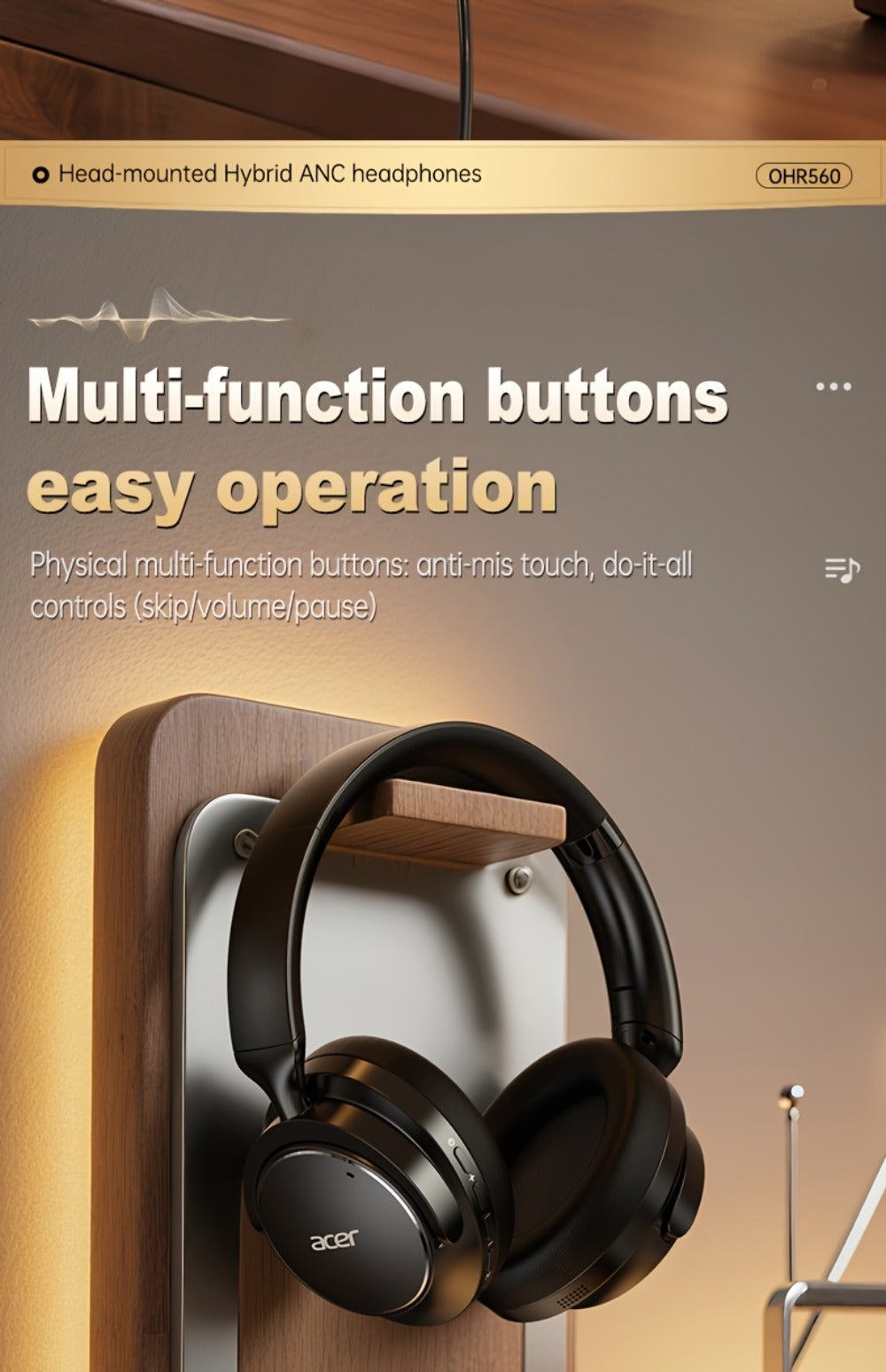 Acer OHR560 Over-Ear Headphones with Bluetooth 5.3, 40mm Drivers, ANC and ENC Labels, Foldable Earcups and AUX