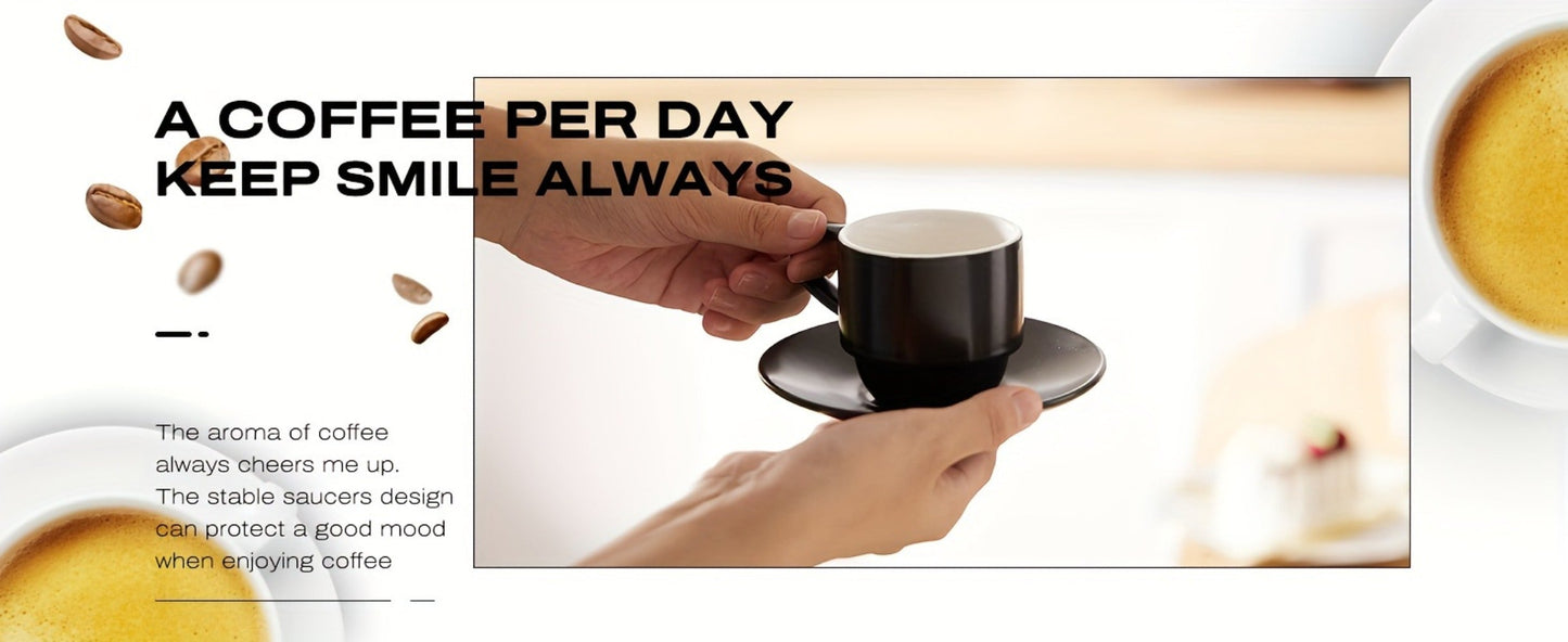 Espresso Cups Set of 6 with Saucers, Spoons & Metal Stand, 4oz Stackable Ceramic Cappuccino Mugs for Double Espresso