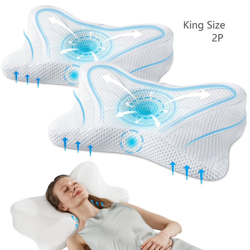Memory Foam Cervical Pillow Contour Neck Support Orthopedic Bed Pillow for Side Back Stomach Sleepers with Cooling Pillowcase Queen King