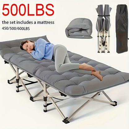 Folding Camping Bed with Carry Bag and No-Pad or Mattress Checkout Options Labeled 450, 500 or 600 lb