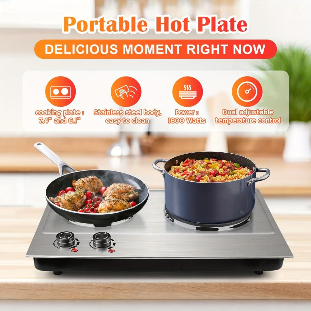 Hot Plate Electric Burner with Temperature Control, Dual Size Coil Burners 7.4in & 6.1in, Countertop Electric Stove for Daily Cooking