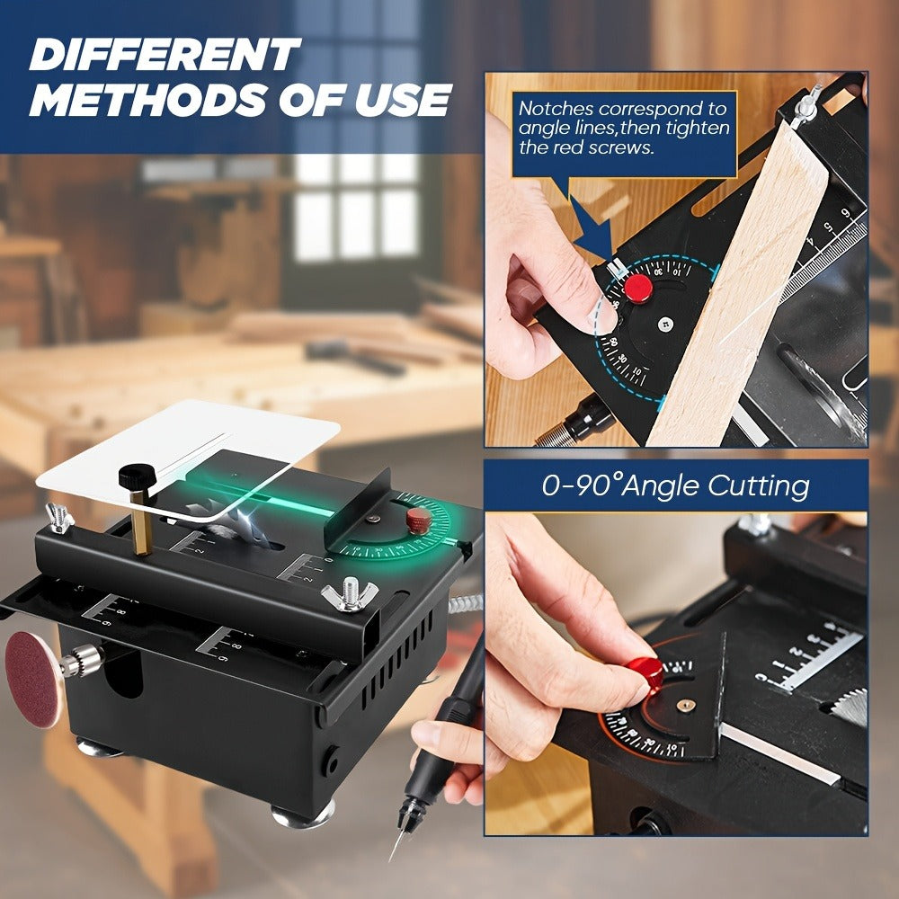 Mini Table Saw Multifunctional Desktop Cutting Machine, 100W Motor, 7-Speed Adjustable, 0-90° Angle Cut