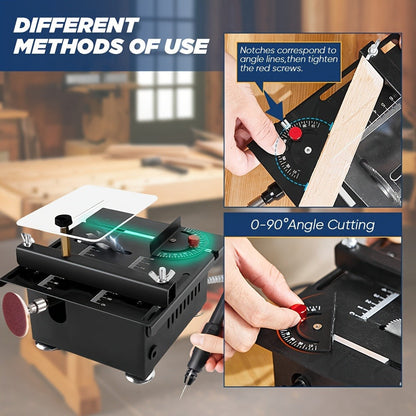 Mini Table Saw Multifunctional Desktop Cutting Machine, 100W Motor, 7-Speed Adjustable, 0-90° Angle Cut