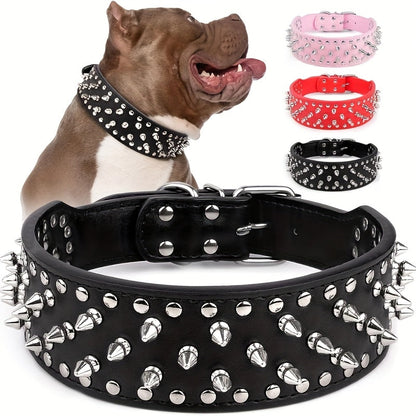 Wide Studded Dog Collar with Faux-Leather Band, Metal Spikes and Rivets in Six Colors, Sizes M and L