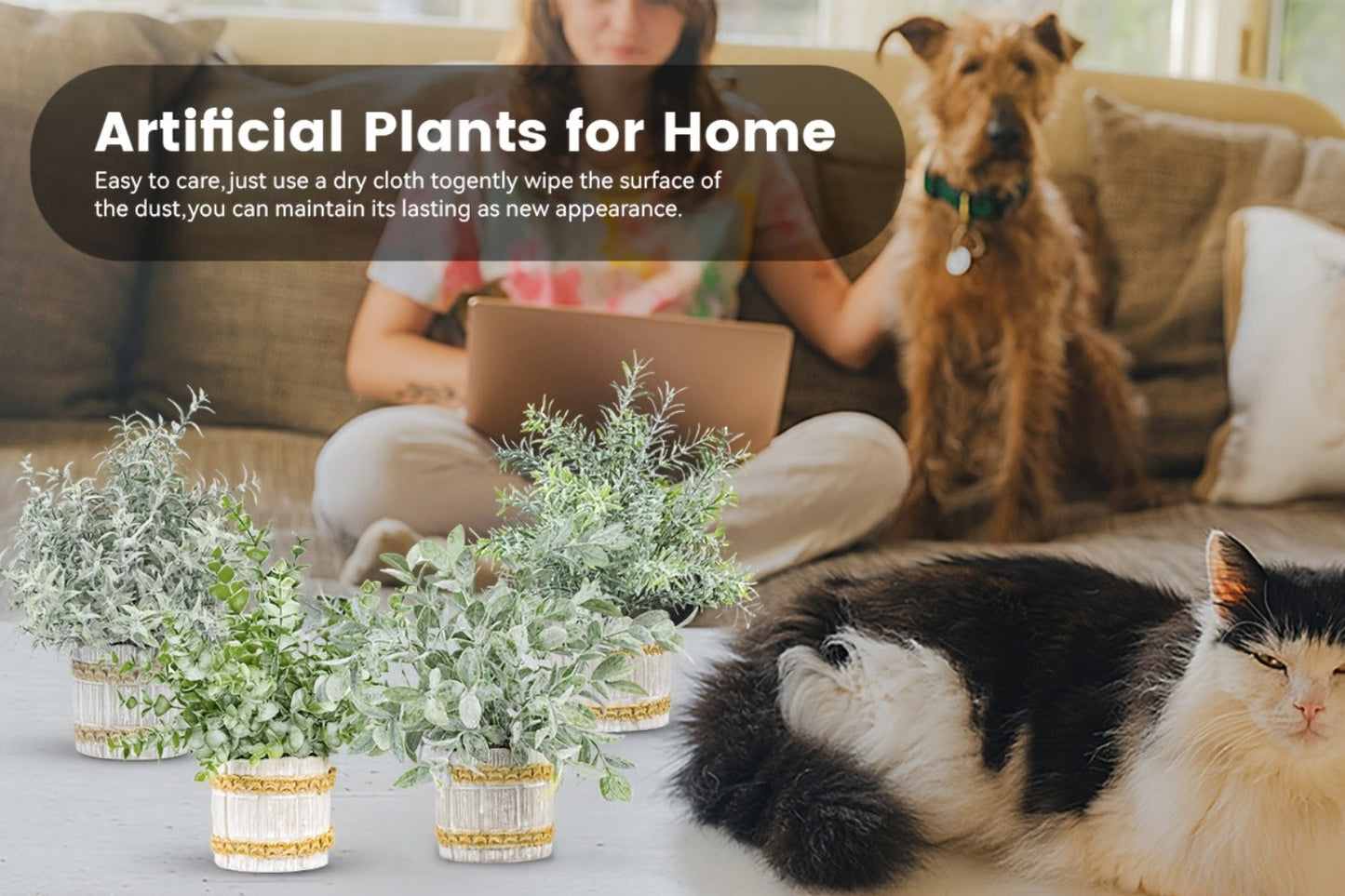 Fake Plants Artificial Plants Indoor 4-Pack Small Potted Greenery in Paper Pulp Pots for Entryways, Bedrooms and Living Spaces