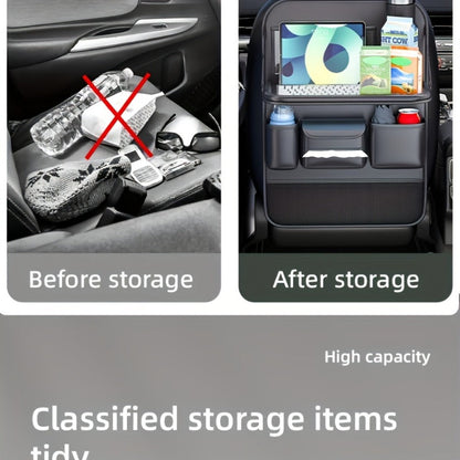 Seatback Car Organizer with Fold-Down Tray, Cup Recesses, Tissue Opening and One- or Two-Piece Packs
