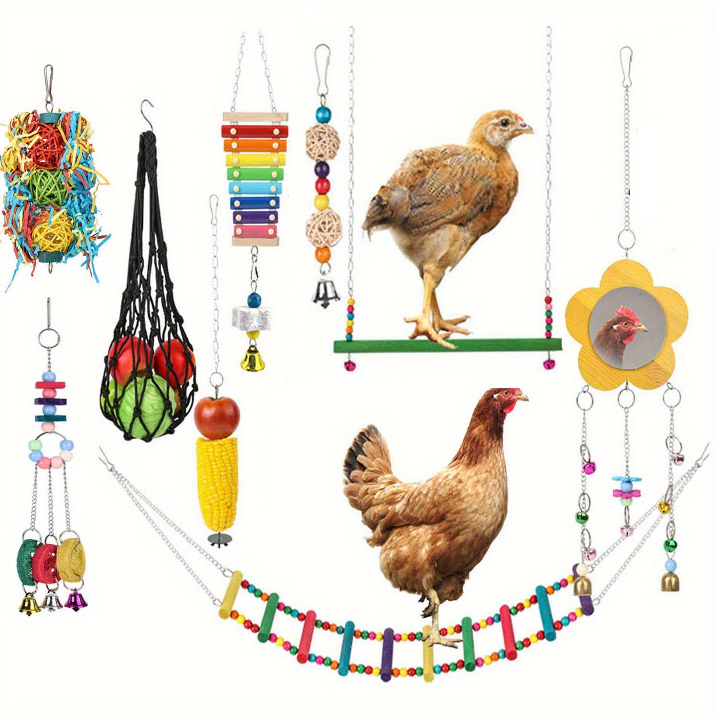 Chicken Coop Toys Set – Xylophone, Swing, Mirror, Step Ladder & Pecking Toys for Hens, Wood & Colorful Bead Enrichment Accessories
