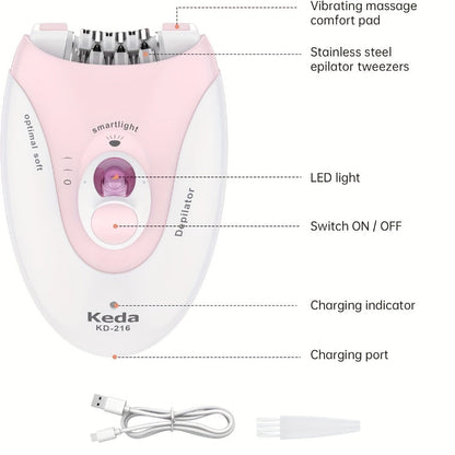 Electric Epilator for Women USB Rechargeable 2-Speed Painless Hair Removal – Stainless Steel Blades Cordless Portable Body Hair Remover