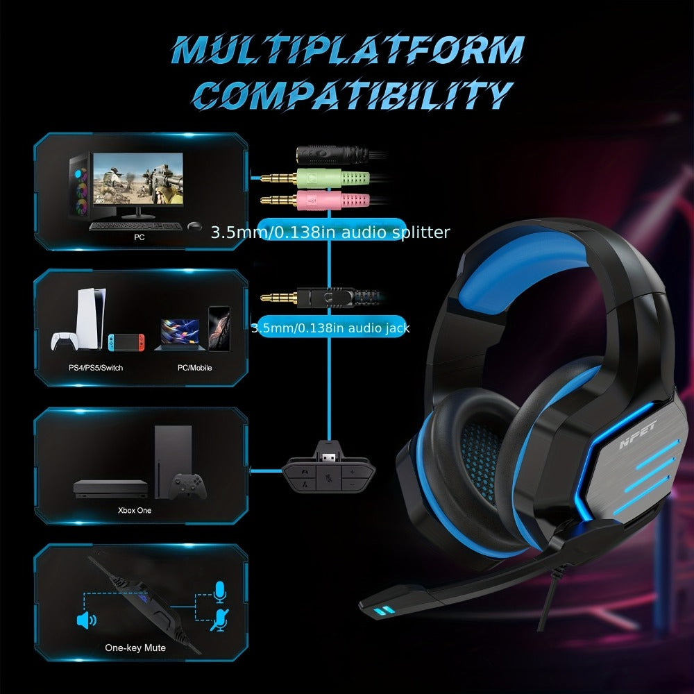 NPET Gaming Headset PS4 PS5 Xbox One PC Noise Cancelling Mic Stereo Over-Ear for Bedside Audio, Alarms and Room Entertainment
