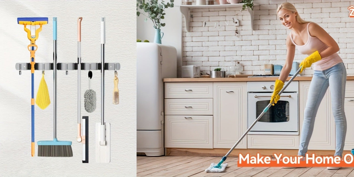 Wall Mounted Broom & Mop Holder – 304 Stainless Steel Broom Organizer with 4 Racks & 5 Hooks – Rustproof Non-Slip Wall Broom Hanger