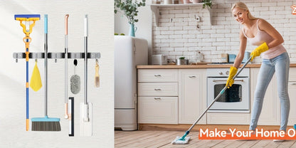 Wall Mounted Broom & Mop Holder – 304 Stainless Steel Broom Organizer with 4 Racks & 5 Hooks – Rustproof Non-Slip Wall Broom Hanger