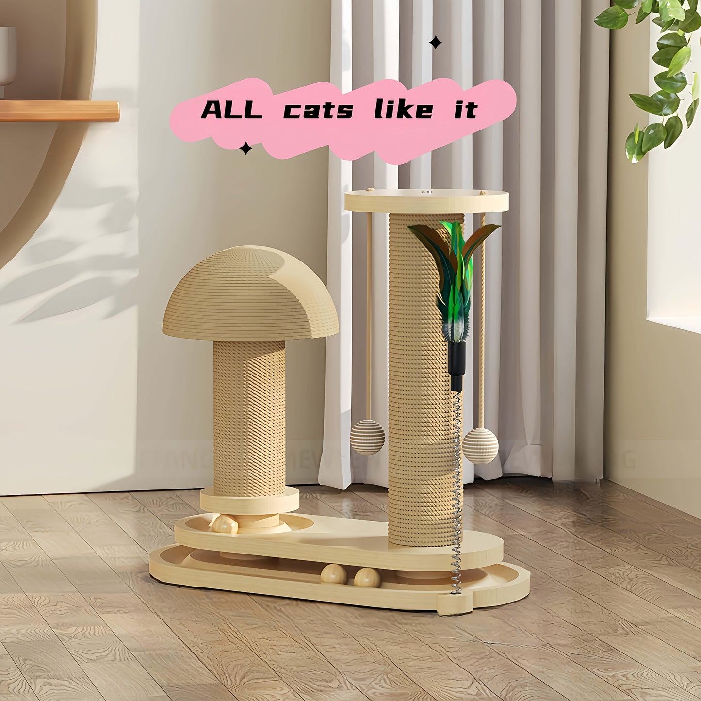 Cat Tree Solid Wood Compact Vertical Cat Climbing Structure with Sisal Scratching Post & Integrated Scratch Board
