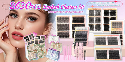 DIY Lash Clusters Gift Set 30D-100D Mixed Length Soft Fluffy Volume Cluster Lashes with Tweezers & Mascara