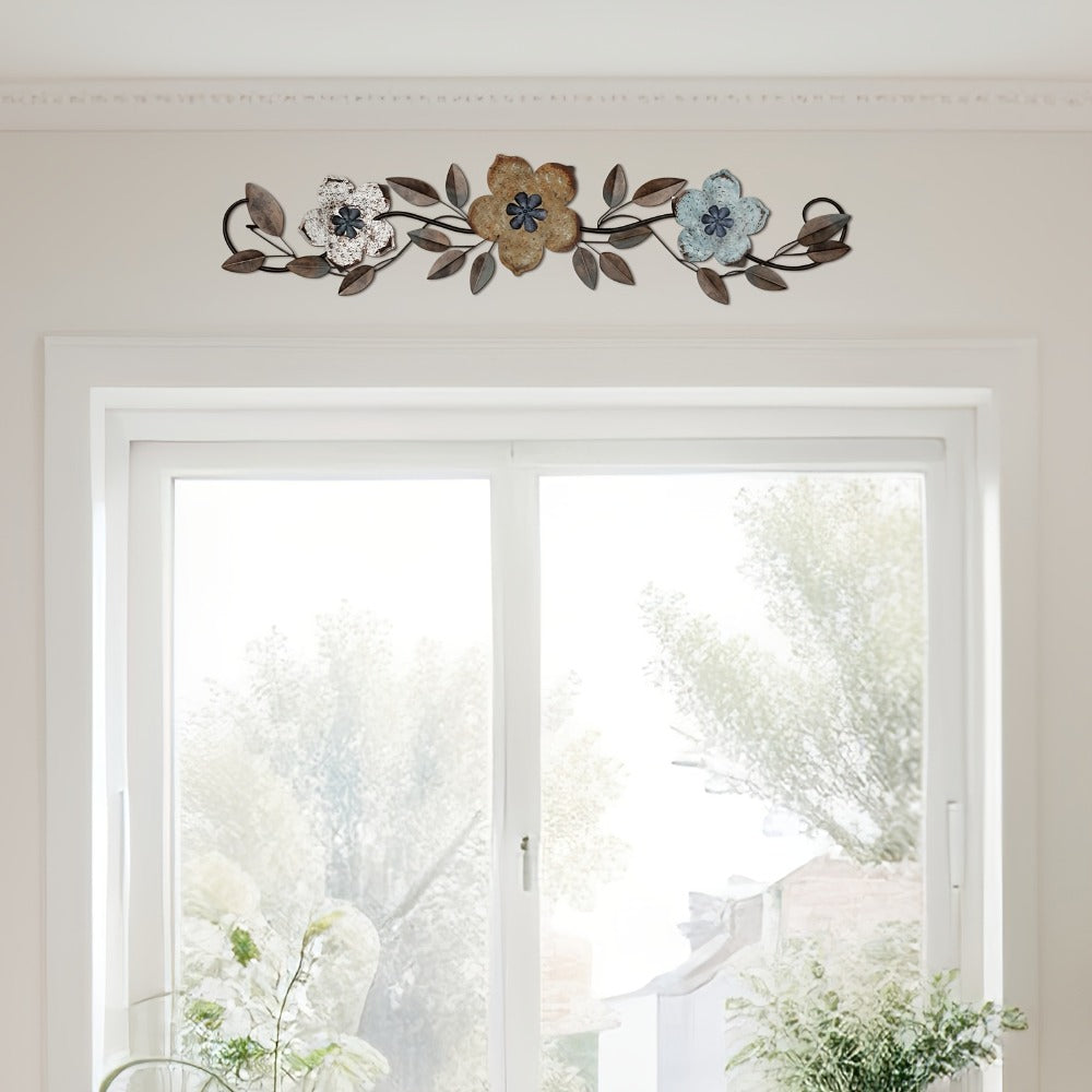 Metal Flower Wall Decor with 15.75-Inch Horizontal Teal, White and Metallic Floral Scroll Design