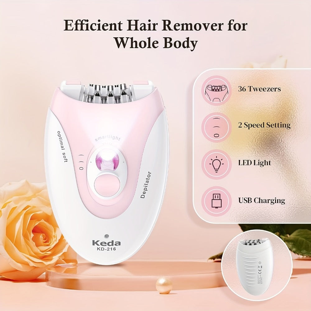 Electric Epilator for Women USB Rechargeable 2-Speed Painless Hair Removal – Stainless Steel Blades Cordless Portable Body Hair Remover