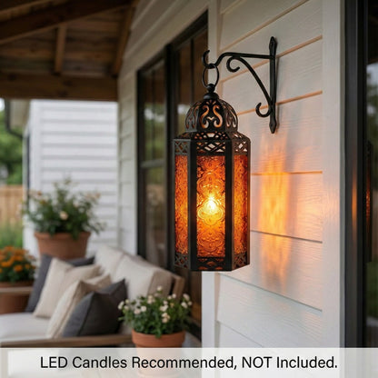 Moroccan Candle Lantern Holder - Decorative Metal & Glass Lantern with Embossed Floral Design for Indoor Home Decor