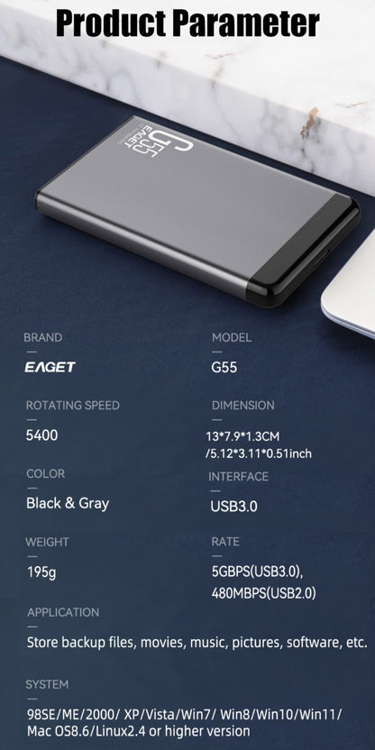 500GB Portable External Hard Drive EAGET G55 for an Everyday Personal Care Routine, with the Listed Configuration