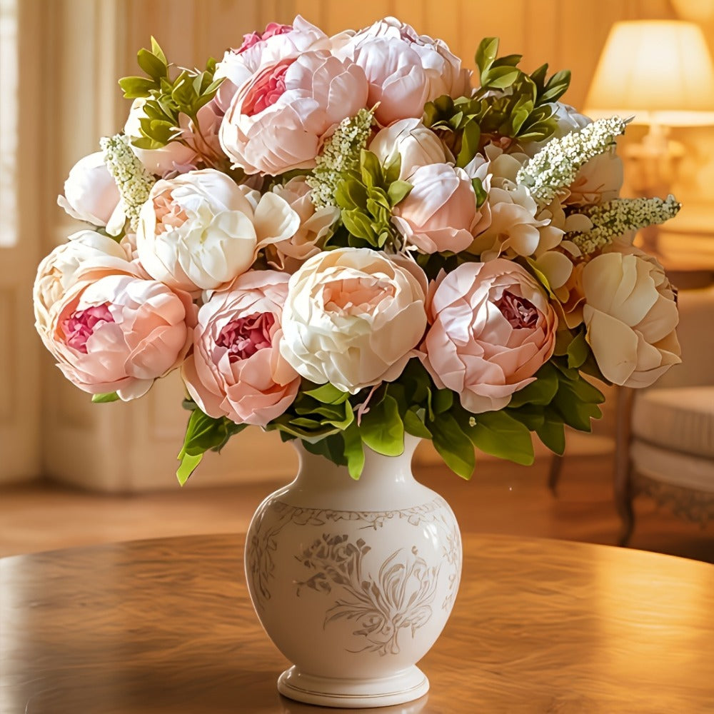 Faux Peonies Hydrangeas Artificial Flowers Vintage Silk Bouquet – Pink Green Mix Floral Centerpiece for Bridal Wedding Home Table Decor