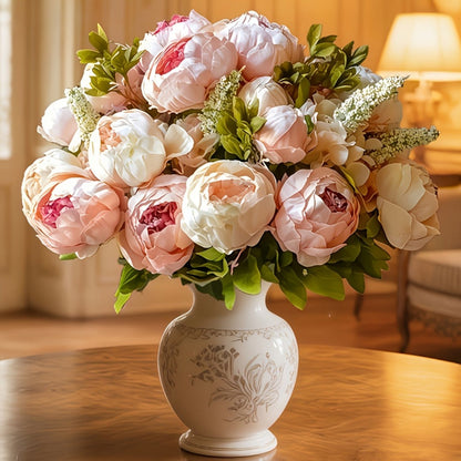 Faux Peonies Hydrangeas Artificial Flowers Vintage Silk Bouquet – Pink Green Mix Floral Centerpiece for Bridal Wedding Home Table Decor